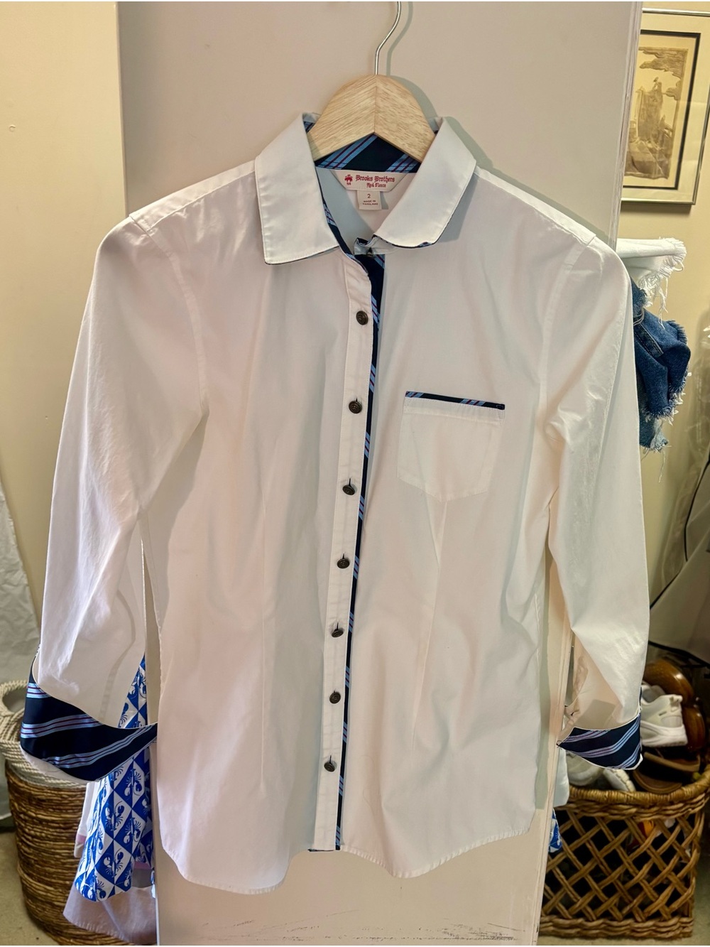 Brooks Brothers White Dress Shirt with Navy Tie Trim Accents